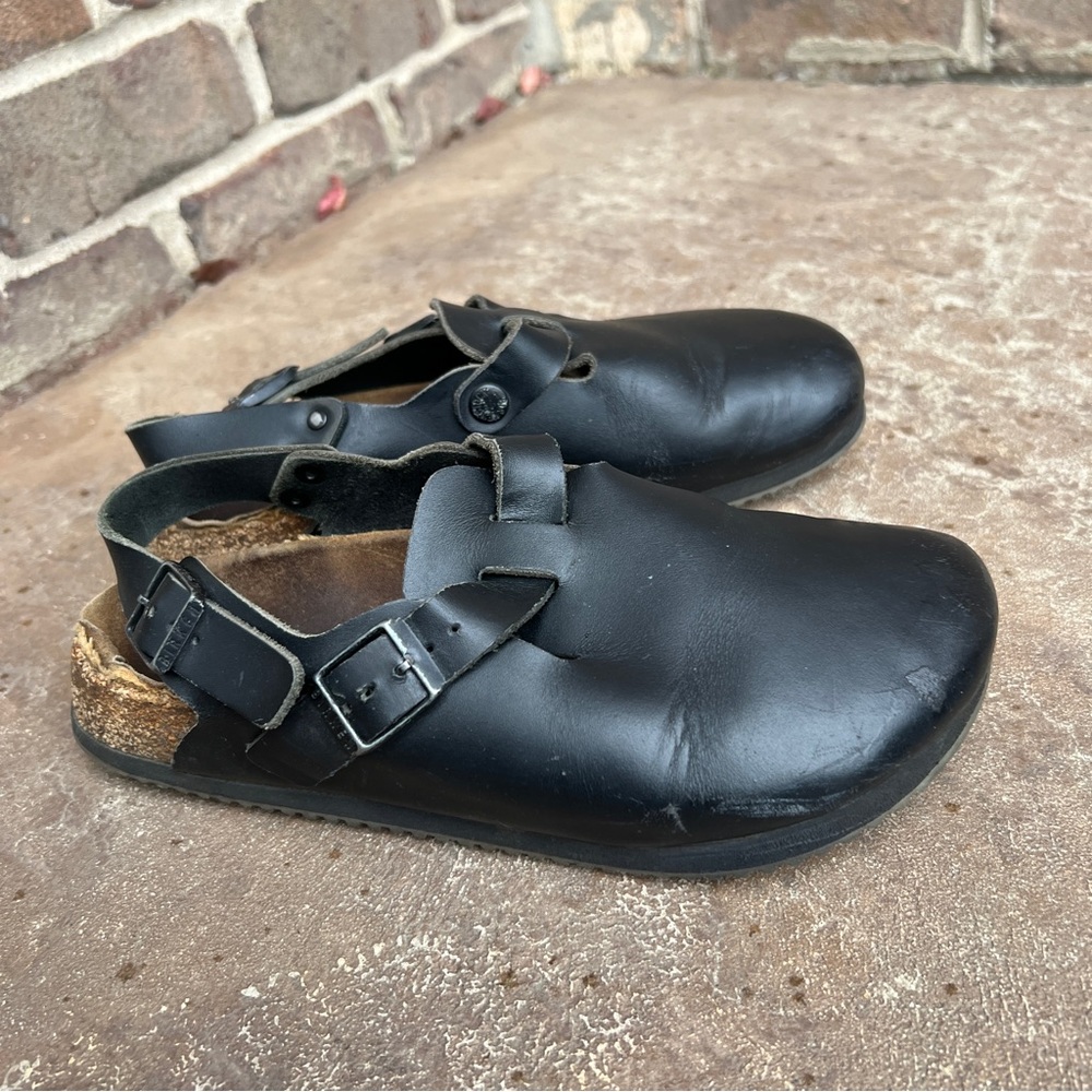 Birkenstock Black Leather Clogs with Adjustable Heel Strap